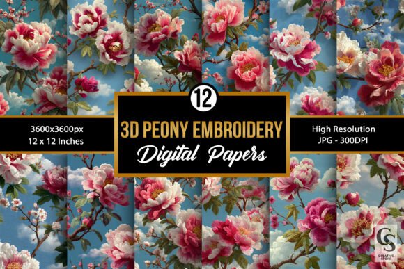 Charming 3D Pink Peony Embroidery Flower Patterns