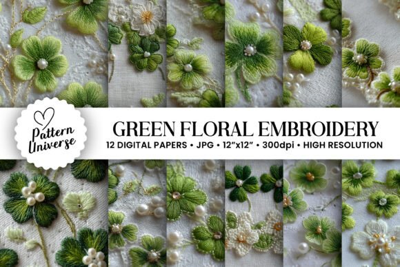 Charming Green Flowers Embroidery Digital Papers