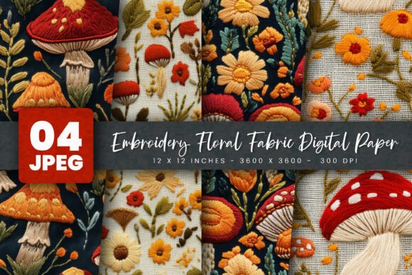 Exploring Embroidery Floral Fabric Digital Paper
