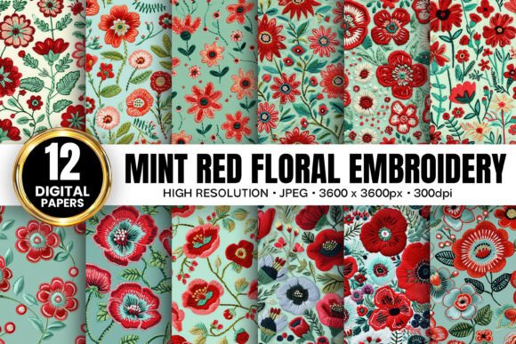 Mint Red Flowers Embroidery for Boutique Apparel