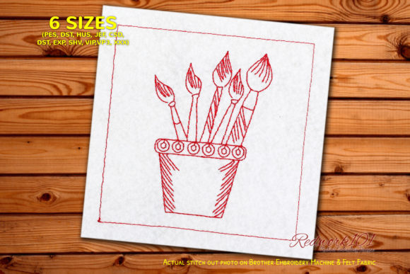 Paint Brushes in Mug: A Charming Redwork Design