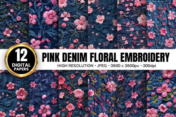 Pink Denim Flowers Embroidery for Etsy
