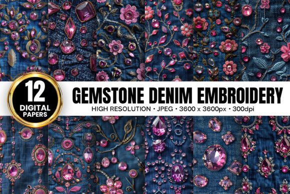 Pink Gemstones Denim Embroidery for Gifts