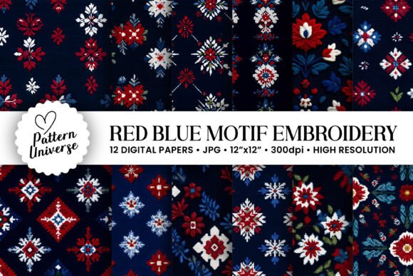 Red Blue Motif Embroidery for Apparel
