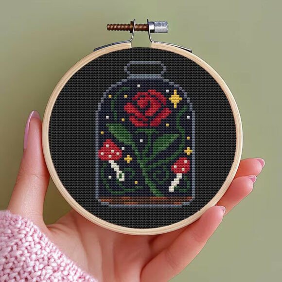 Rose in Magic Jar: A Charming Cross Stitch Design